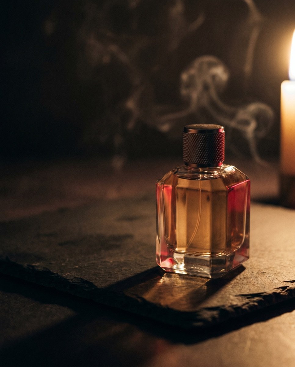 Cinematic product still, deep shadows with a single warm light source